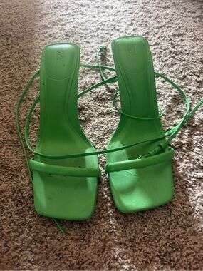 Zara Green Strappy Square-Toe Heeled Sandals
